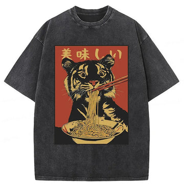Personality fashion Tiger Eating Delicious Ramen Washed T-Shirt