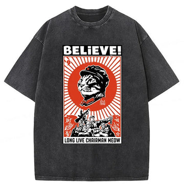 Personality fashion Long Live Chairman Meow Washed T-Shirt