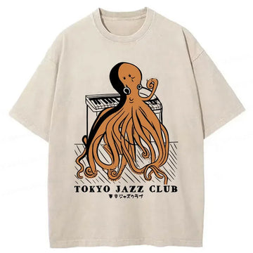 Personality fashion Octopus Playing Piano Washed T-Shirt