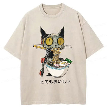 Personality fashion Ramen Lover Robot Cat Washed T-Shirt