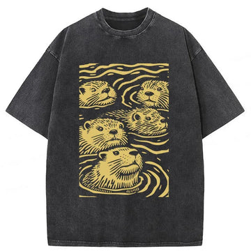 Personality fashion Woodcut Otter Washed T-Shirt