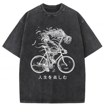 Personality fashion Skeleton Riding A Bicycle Washed T-Shirt