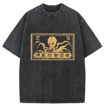 Personality fashion Woodcut Octopus Washed T-Shirt