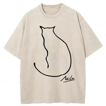 Personality fashion Simple Drawing Cat Washed T-Shirt