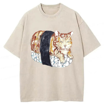 Personality fashion Sushi Cat Washed T-Shirt