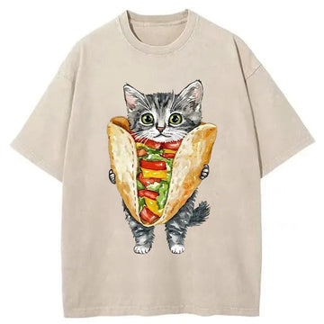 Personality fashion Kawaii Taco Cat Washed T-Shirt