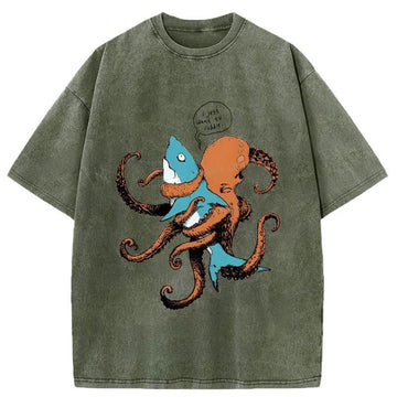 Personality fashion Octopus Entangles Shark Washed T-Shirt