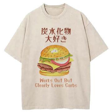 Personality fashion I Love Carbs Hamburger Washed T-Shirt
