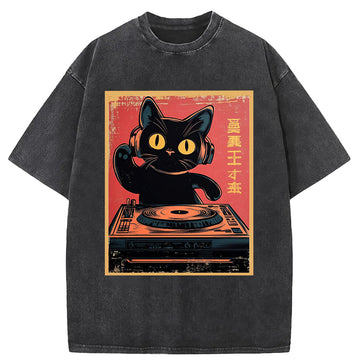 Personality fashion DJ Cat Washed T-Shirt