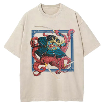 Personality fashion Samurai Octopus Swinging Sword Washed T-Shirt