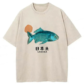 Personality fashion Japanese Fish Vintage Washed T-Shirt
