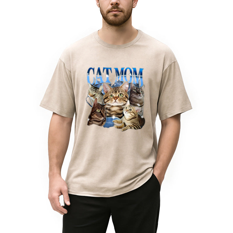 Personality fashion Cat Mom Meme Washed T-Shirt