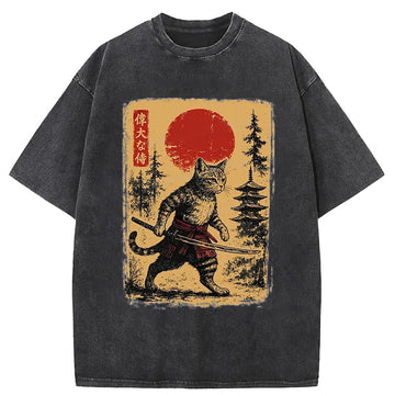 Personality fashion Stray Cat Samurai Washed T-Shirt