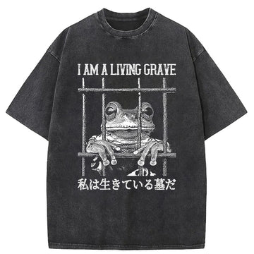Personality fashion Funny Frog In Cage Washed T-Shirt