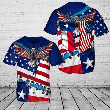 Texas Flag American Eagle Baseball Jersey - Patriotic Lone Star State Button Up - USA Pride Summer Sports Shirt Gift for Texans Dad Husband