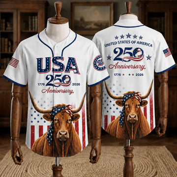 Texas Longhorn Baseball Jersey, USA 250th Anniversary 1776-2026 Cow Shirt, 4th of July Patriotic Texas Pride Shirt, Gift for Texas Rancher Cowboy Dad
