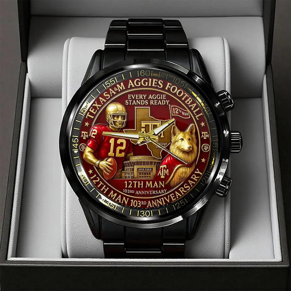 Texas A&M Aggies Football Black Stainless Steel Watch-PX1149
