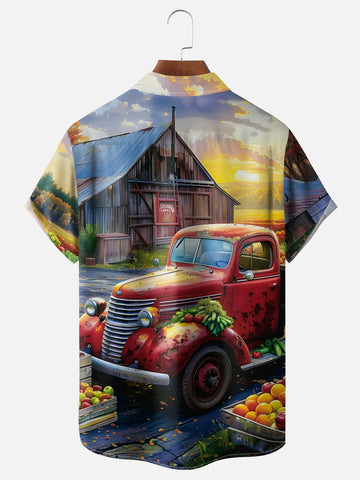 Thanks Giving Car Farm Vegetables Fruits Chest Pocket Casual Hawaiian Shirt