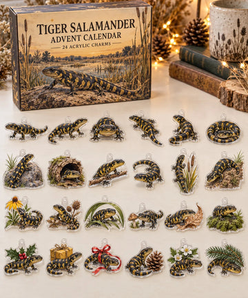 Tiger Salamander advent calendar with 24 custom-shaped flat acrylic charms and printed dimensional artwork 2026 - 24-Day Countdown, Acrylic Charms