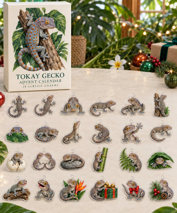 Tokay Gecko advent calendar with 24 custom-shaped flat acrylic charms and printed dimensional artwork 2026 - 24-Day Countdown, Acrylic Charms