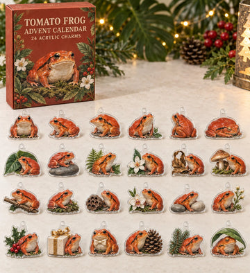 Tomato Frog advent calendar with 24 custom-shaped flat acrylic charms and printed dimensional artwork 2026 - 24-Day Countdown, Acrylic Charms