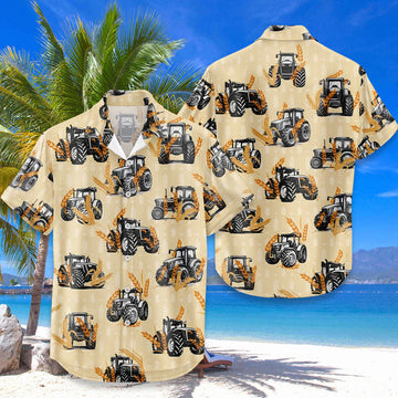 Tractor Hawaiian Shirt – Modern Farm Tractor Wheat Pattern Aloha Button Down