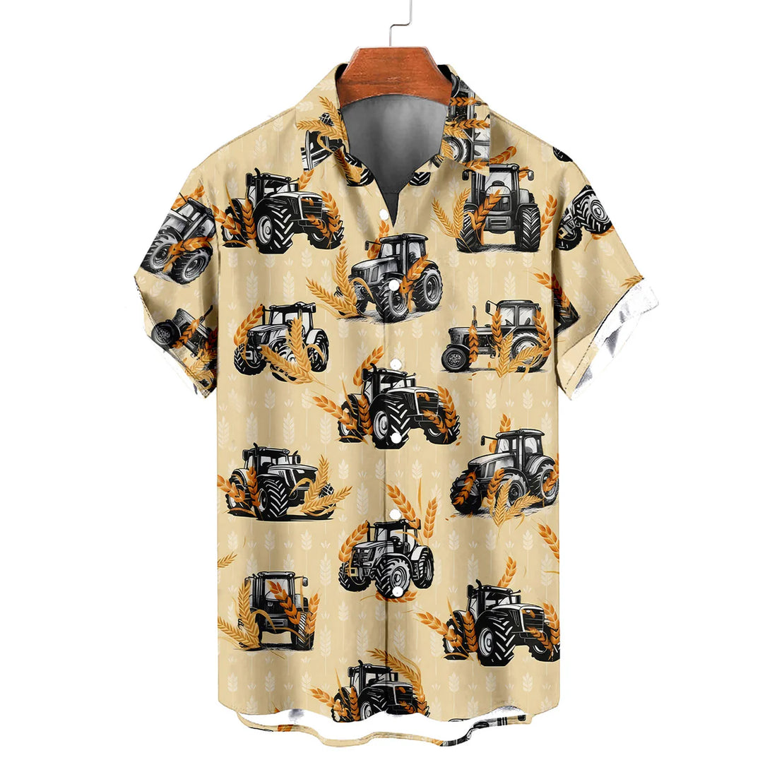 Tractor Hawaiian Shirt – Modern Farm Tractor Wheat Pattern Aloha Button Down