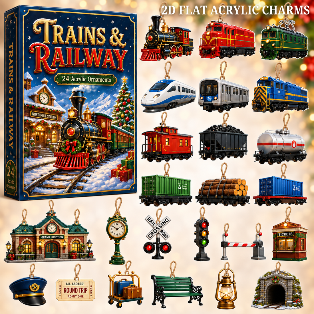 Trains Railway Advent Calendar 2026 24 Day Festive Countdown Acrylic Charms Blind Box Gift For Kids Family Friends