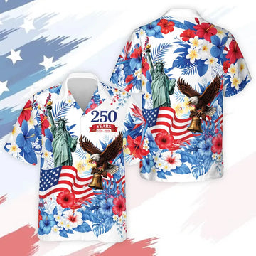 Tropical 250 Years of Freedom Hawaiian Shirt, America 1776 2026 Button Shirt, Patriotic Eagle, Statue Of Liberty, 250th Anniversary Gift