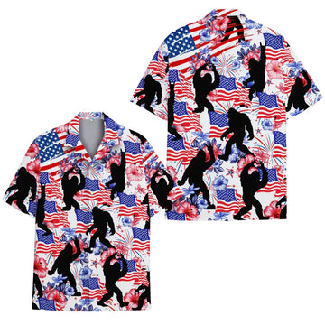 Tropical American Flag Bigfoot Hawaiian Shirt Mens, Sasquatch Independence Day Aloha Hawaiian Shirts HE0466