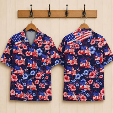 Tropical Patriotic Hawaiian Shirt for Men Women Youth, American Flag Aloha Shirt, 4th of July Button Down Outfit