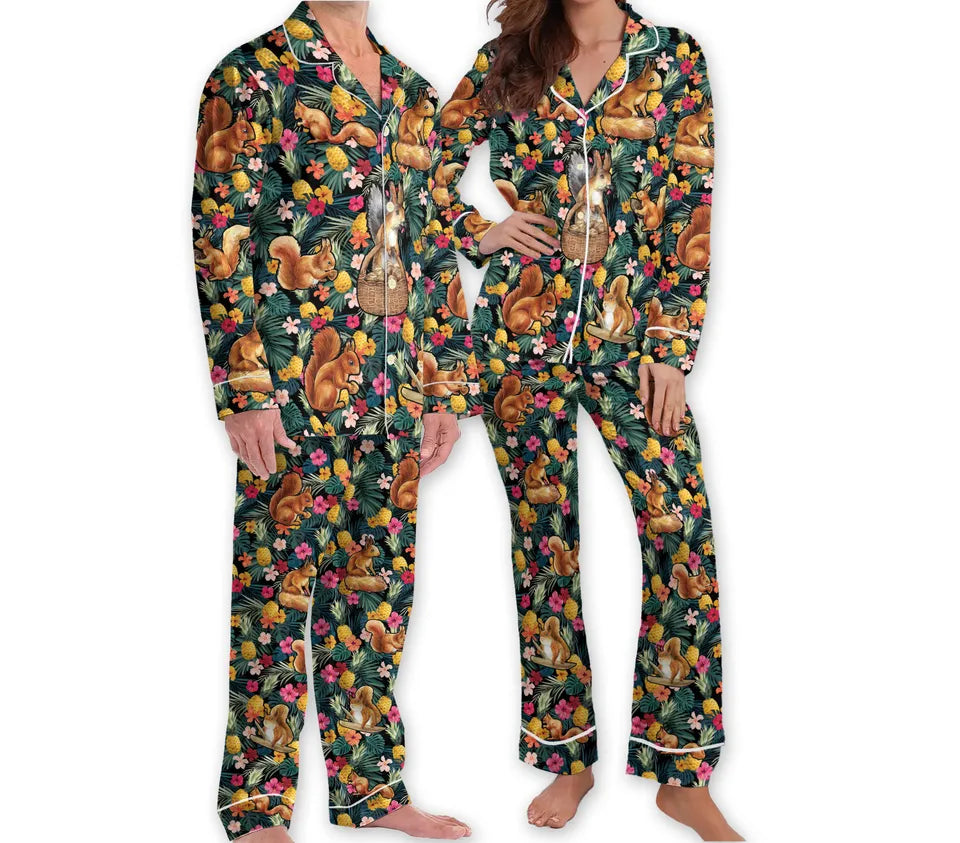 Tropical Squirrel Pajamas Animal Lover Pajama Set Family, Squirrel Whisperer Gifts for Women, Nature Hawaiian Pajamasment