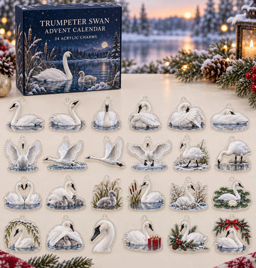 Trumpeter Swan advent calendar with 24 custom-shaped flat acrylic charms and printed dimensional artwork 2026 - 24-Day Countdown, Acrylic Charms