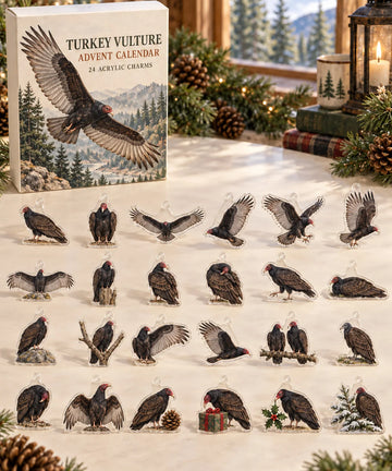 Turkey Vulture advent calendar with 24 custom-shaped flat acrylic charms and printed dimensional artwork 2026 - 24-Day Countdown, Acrylic Charms