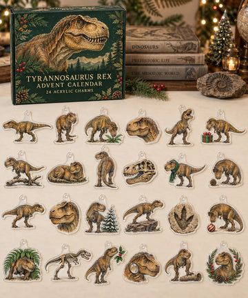 Tyrannosaurus Rex advent calendar with 24 custom-shaped flat acrylic charms and printed dimensional artwork 2026 - 24-Day Countdown, Acrylic Charms