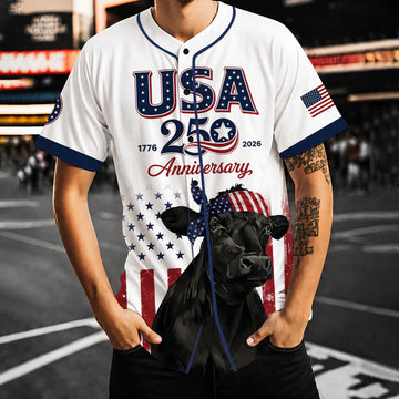 USA 250 Anniversary Black Angus Baseball Jersey 2026 - Patriotic Cattle Farmer 4th of July Shirt - 1776-2026 Limited Edition