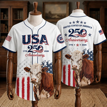 USA 250 Anniversary Hereford Cattle Baseball Jersey 2026 - Patriotic Cattle Rancher 4th of July Shirt - 1776-2026 Limited Edition