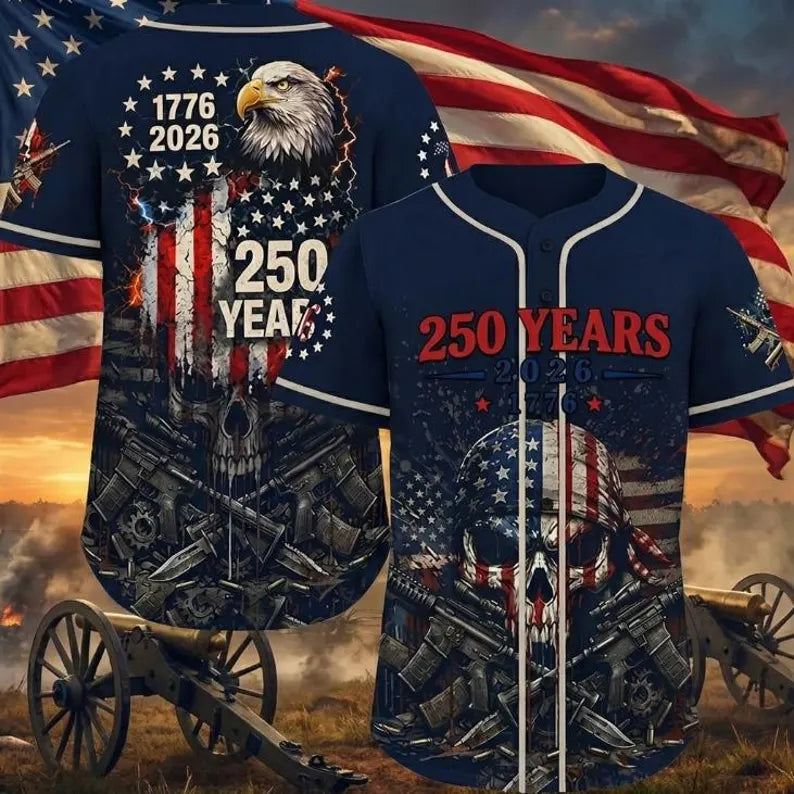 USA 250th Anniversary Baseball Jersey, 1776–2026 Independence Day Shirt, Patriotic Skull Baseball Jersey, American Flag Liberty Apparel