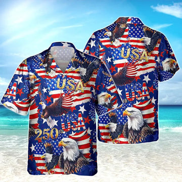 USA 250th Anniversary Hawaii Shirt, 1776-2026 Patriotic Eagle Shirt, American Flag Soaring Eagle Button Down, Independence Day Mens Gift
