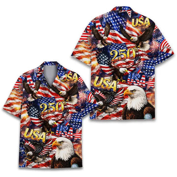 USA 250th Anniversary Hawaiian Shirt, Patriotic Aloha Shirt, American Flag 4th of July Button Up Shirt, Independence Day Gift