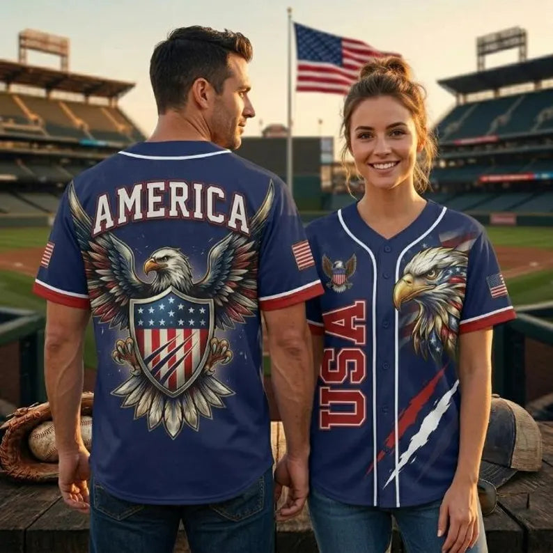 USA Eagle Baseball Jersey, Patriotic All Over Print Button Up Shirt, America 250 Anniversary Jersey, 1776–2026 Fourth of July Outfit