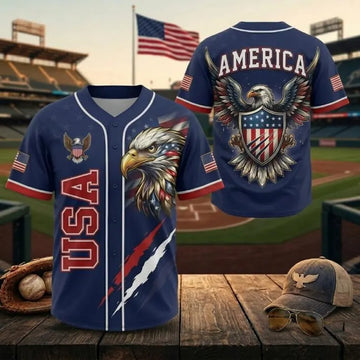 USA Eagle Baseball Jersey, Patriotic All Over Print Button Up Shirt, America 250 Anniversary Jersey, 1776–2026 Fourth of July Outfit