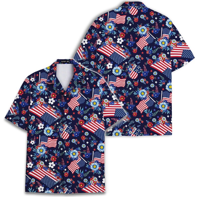 USA Flag America Hawaii Beach Hawaiian Shirt Button Down Short Sleeve Shirt for men Men's Tropical Shirt Holida
