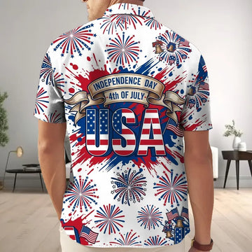 USA Independence Day Button Shirt, 4th Of July Men Summer Hawaii Shirt, Patriotic American Flag Button Down, Fireworks USA Men Shirt