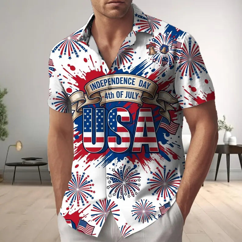 USA Independence Day Button Shirt, 4th Of July Men Summer Hawaii Shirt, Patriotic American Flag Button Down, Fireworks USA Men Shirt