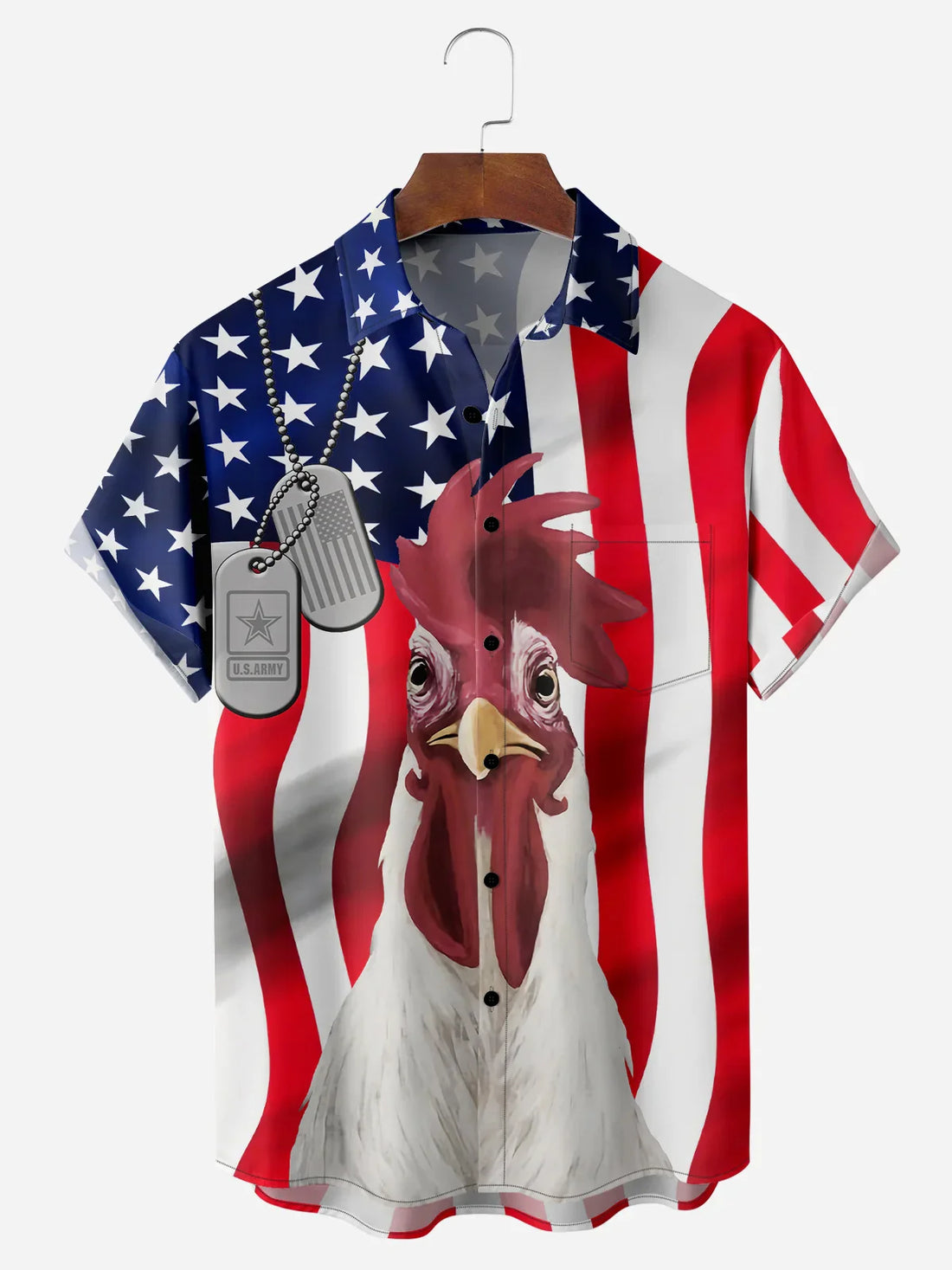 US Army Rooster Hawaiian Shirt for Men, American Flag Military Chicken Print, Veterans Day Patriotic Gift