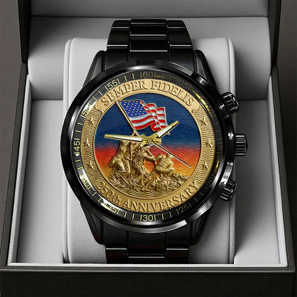 US Marine Corps 250th Anniversary Black Stainless Steel Watch-PX1146
