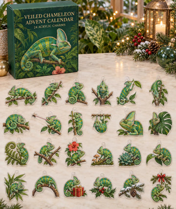 Veiled Chameleon advent calendar with 24 custom-shaped flat acrylic charms and printed dimensional artwork 2026 - 24-Day Countdown, Acrylic Charms