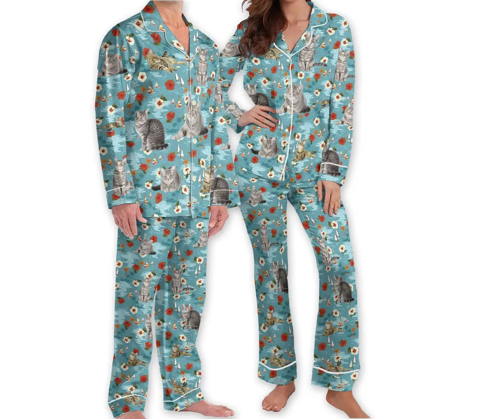 Vintage Animal Hawaiian Pajamas Funny Cat Matching Pajamas Set, Cat Lover Pjs Set for Women, Gift for Animal Lover