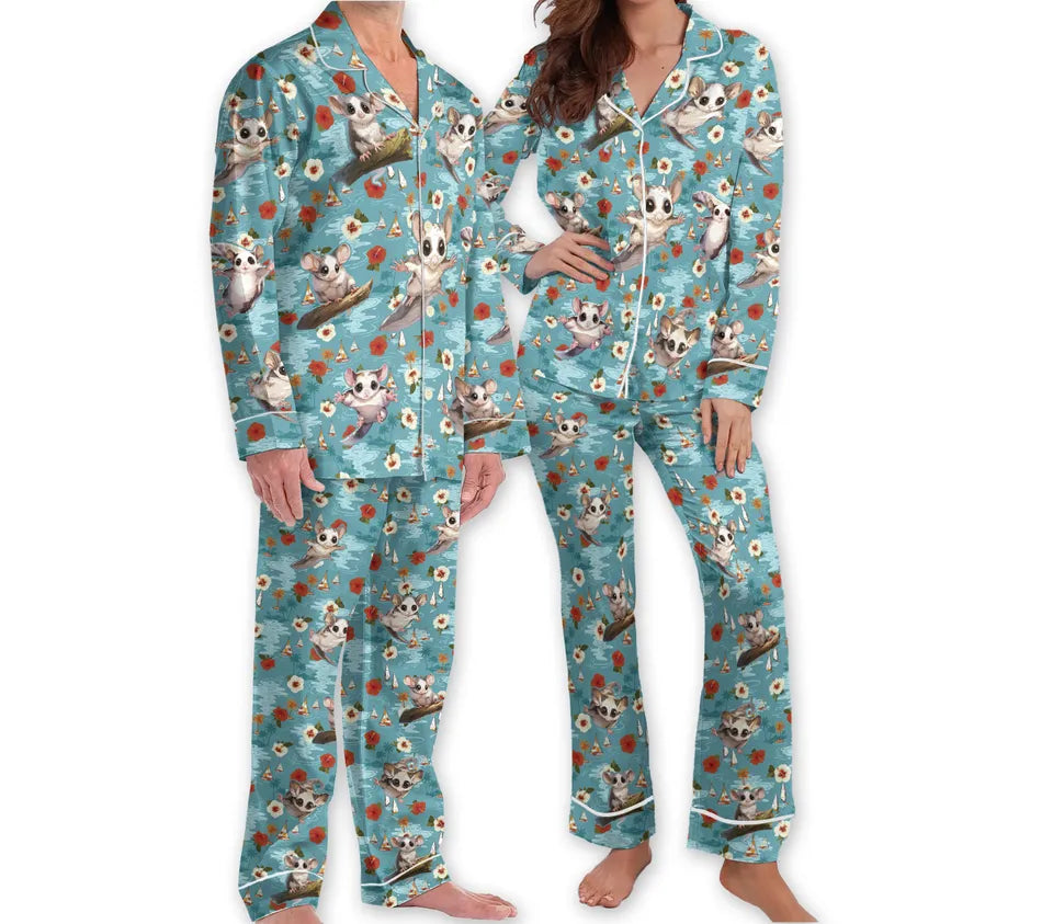 Vintage Sugar Glider Pajamas Animal Lover Vacation Pajama Set Women, Sugar Glider Owner Hawaiian Pajamas, Holiday Gift for Her